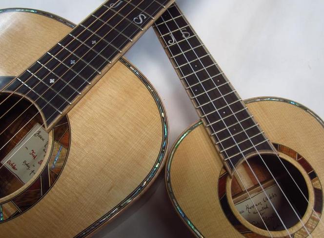 Matching guitar and uke with paua shell purfling